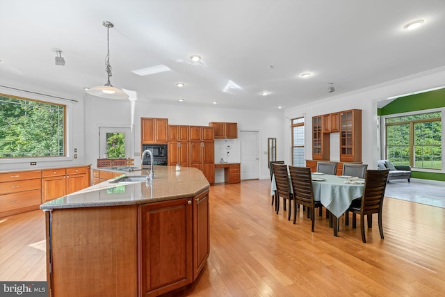 kitchen featuring sink, pendant lighting, plenty of natural light, and light wood-type flooring