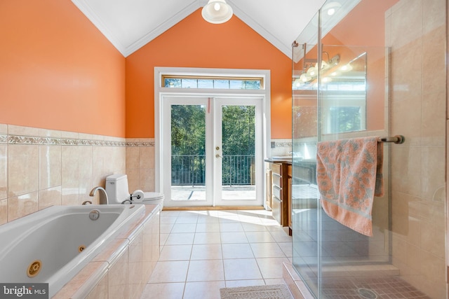 bathroom with toilet, independent shower and bath, crown molding, and lofted ceiling