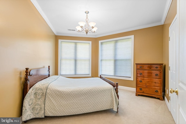 bedroom featuring light carpet, a chandelier, and ornamental molding