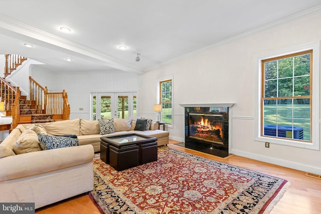 living room featuring crown molding and wood-type flooring