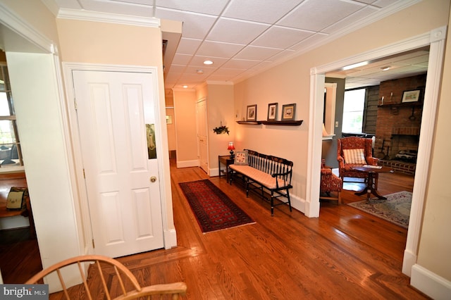 hallway with brick wall, ornamental molding, dark hardwood / wood-style flooring, and a drop ceiling