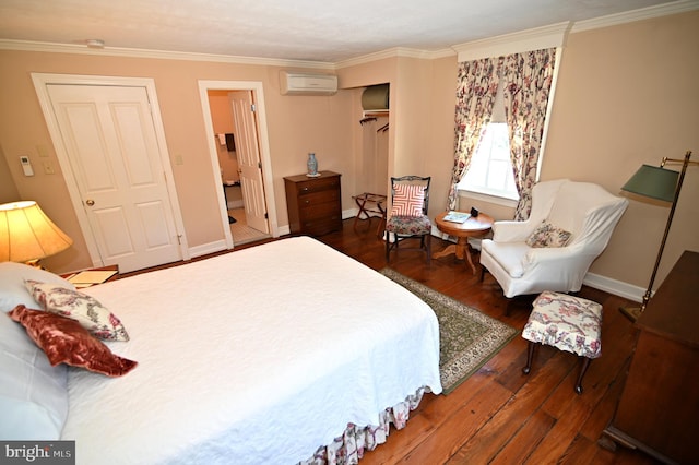 bedroom with dark hardwood / wood-style flooring, ornamental molding, and a wall mounted AC