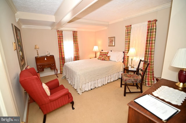 carpeted bedroom featuring a textured ceiling, ornamental molding, and beamed ceiling