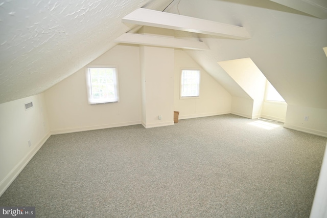 additional living space with plenty of natural light, a textured ceiling, light carpet, and lofted ceiling with beams