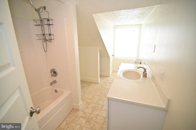 bathroom featuring tub / shower combination, tile floors, and vanity