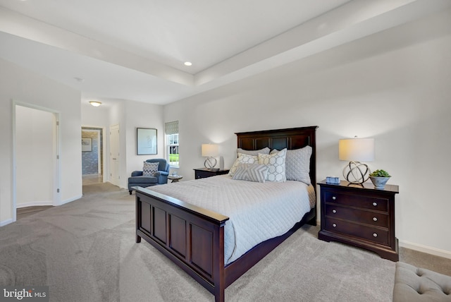 carpeted bedroom featuring a tray ceiling