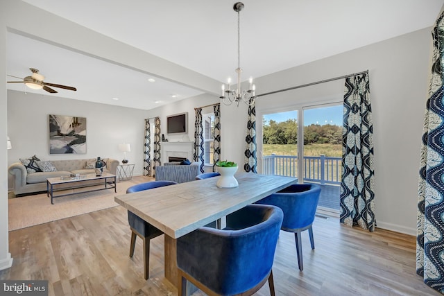 dining space with light hardwood / wood-style flooring and ceiling fan with notable chandelier