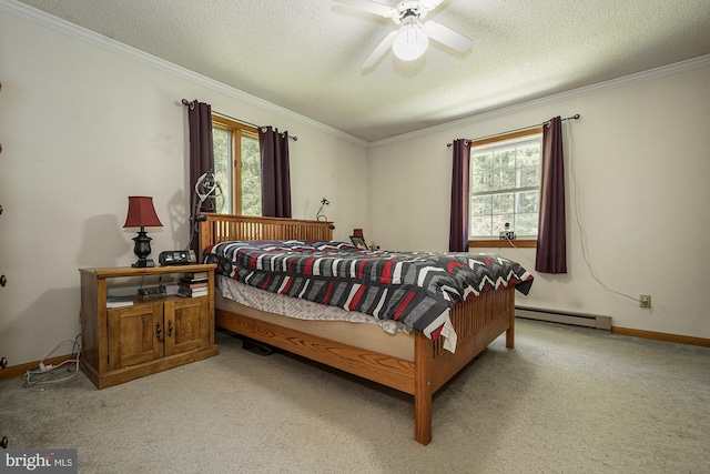 carpeted bedroom featuring ceiling fan, multiple windows, and crown molding