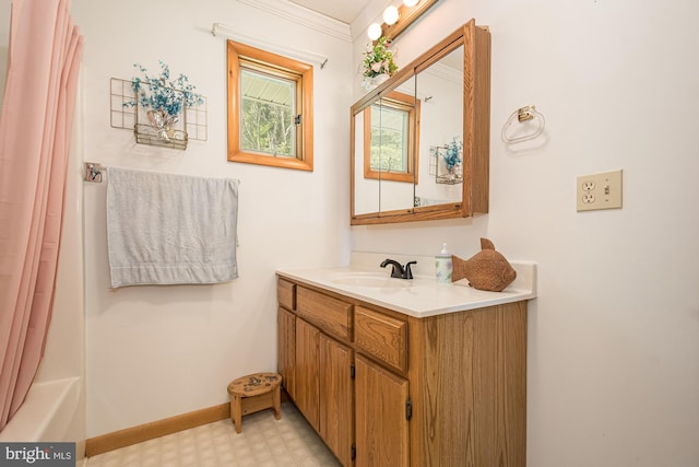 bathroom featuring shower / bath combination with curtain, tile floors, and vanity