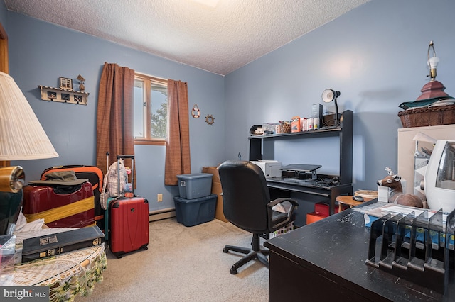 carpeted office with a textured ceiling and baseboard heating