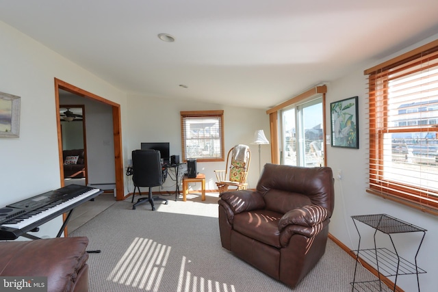 living room featuring light carpet