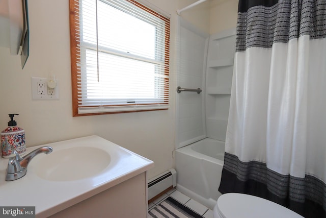 full bathroom with toilet, a baseboard heating unit, shower / bath combo with shower curtain, vanity, and tile flooring