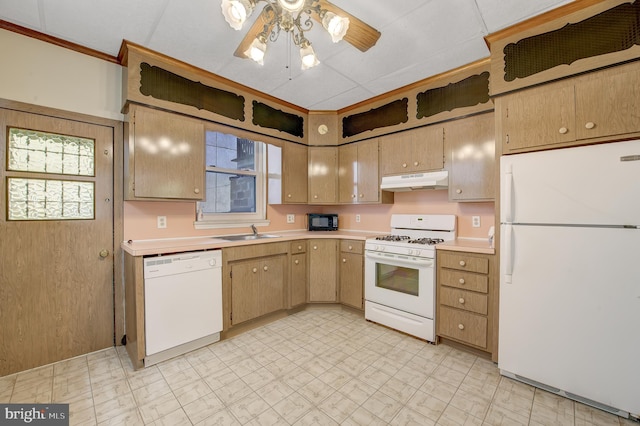 kitchen featuring white appliances, light tile flooring, ceiling fan, and sink