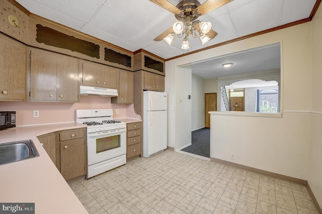 kitchen featuring white appliances, light tile flooring, ceiling fan, and sink