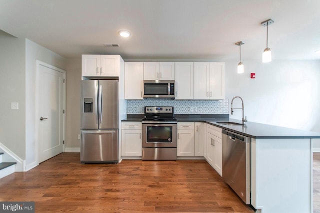 kitchen featuring dark wood-type flooring, white cabinetry, stainless steel appliances, sink, and hanging light fixtures