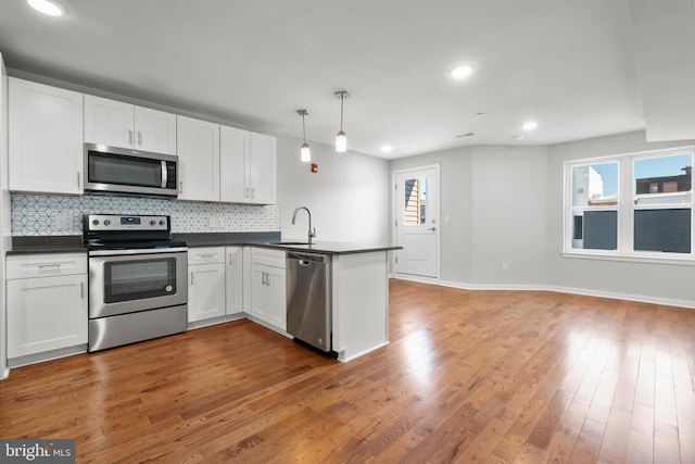 kitchen with pendant lighting, light hardwood / wood-style floors, appliances with stainless steel finishes, and a wealth of natural light