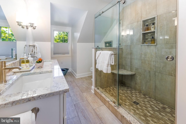 bathroom with an enclosed shower, toilet, and double sink vanity