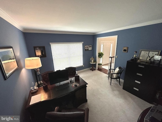 carpeted home office with crown molding