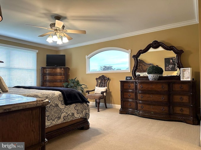 bedroom with light colored carpet, ornamental molding, and ceiling fan