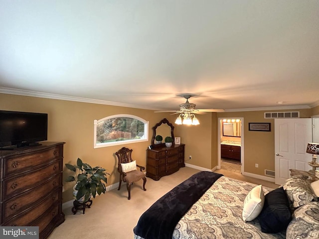 carpeted bedroom featuring ensuite bath, ceiling fan, and crown molding