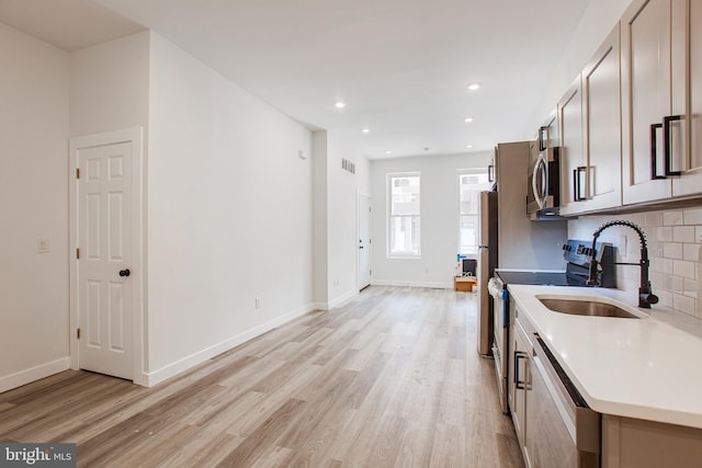 kitchen featuring sink, appliances with stainless steel finishes, decorative backsplash, and light hardwood / wood-style floors