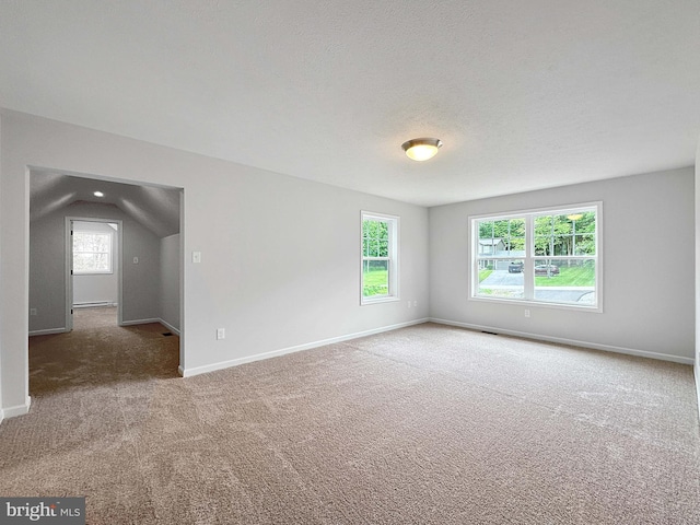 empty room featuring a textured ceiling, plenty of natural light, carpet floors, and vaulted ceiling