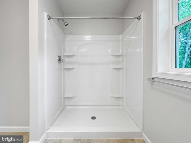 bathroom featuring a shower and hardwood / wood-style flooring