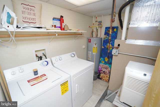 laundry area with electric water heater and washing machine and clothes dryer