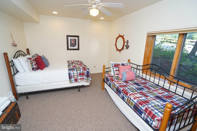 bedroom featuring ceiling fan, carpet, and recessed lighting