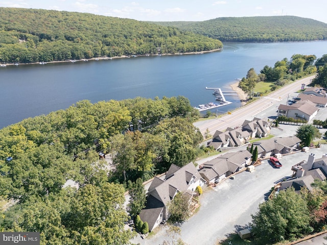 aerial view featuring a residential view, a water view, and a wooded view