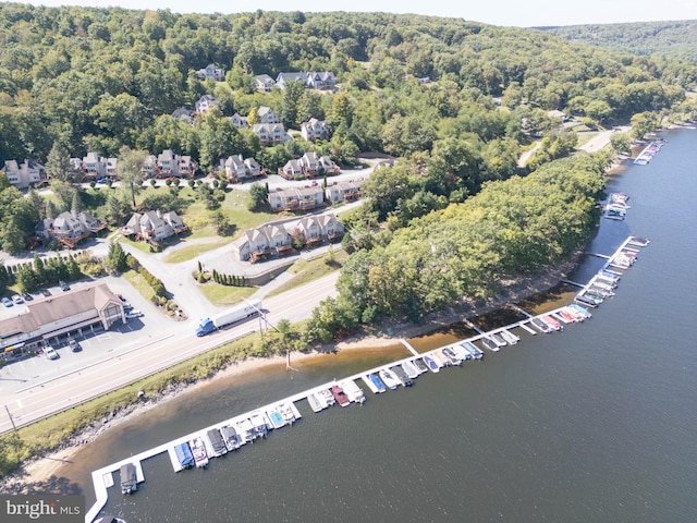 birds eye view of property featuring a water view and a wooded view