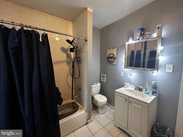 full bathroom featuring vanity, tile floors, shower / bath combo, and toilet