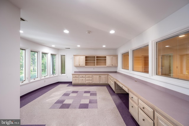 interior space featuring built in desk and dark carpet