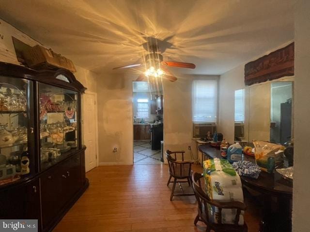 interior space featuring ceiling fan and light wood-type flooring