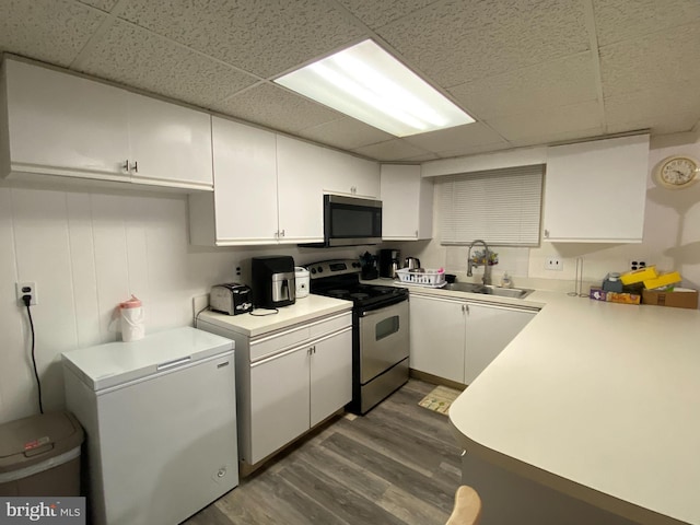 kitchen featuring appliances with stainless steel finishes, dark hardwood / wood-style floors, white cabinetry, sink, and a paneled ceiling