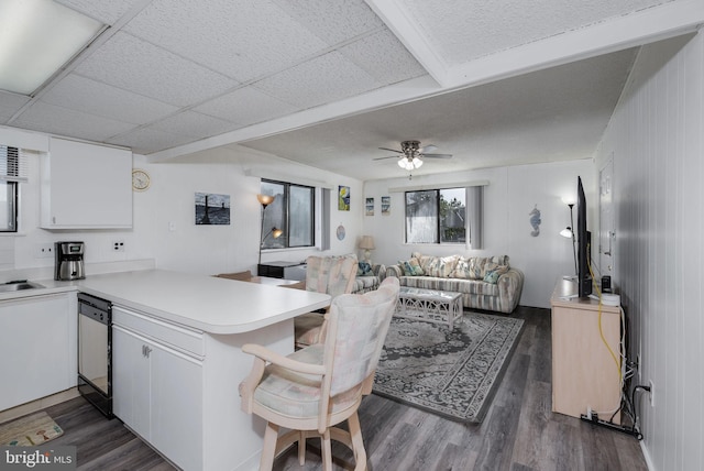 14311 Tunnel Ave Unit 304, Ocean City, MD 21842 - kitchen featuring open floor plan, dishwasher, white cabinets, a peninsula, and dark wood-style floors