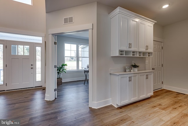 interior space featuring plenty of natural light, white cabinetry, and light wood-type flooring