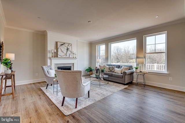 living room featuring ornamental molding and light wood-type flooring