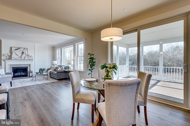 dining space with wood-type flooring