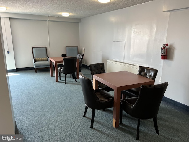 carpeted dining area with a textured ceiling