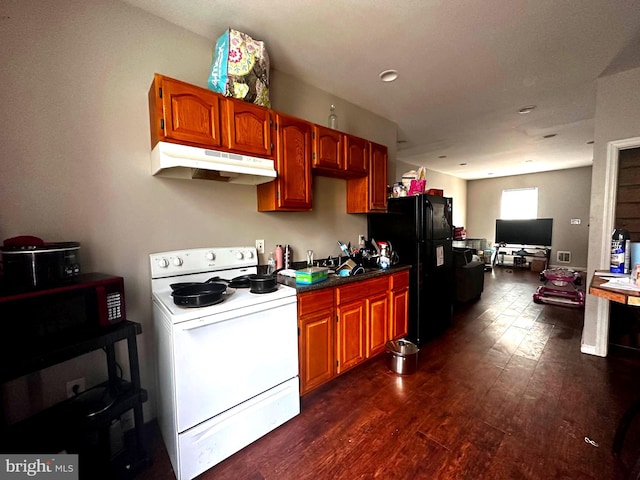 kitchen with dark hardwood / wood-style flooring, black refrigerator, and electric range