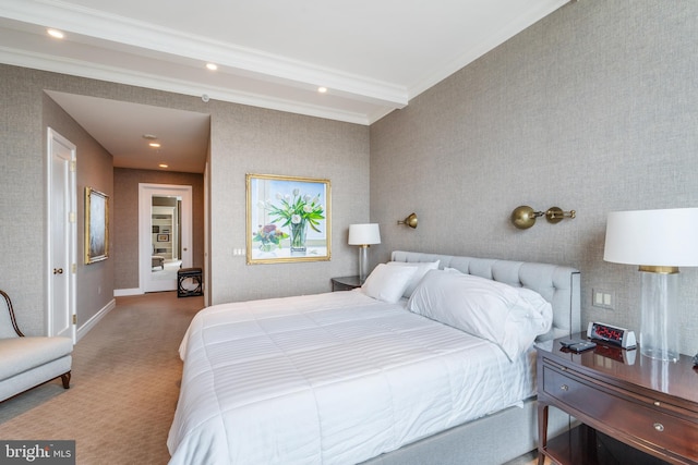 bedroom with dark carpet and beamed ceiling