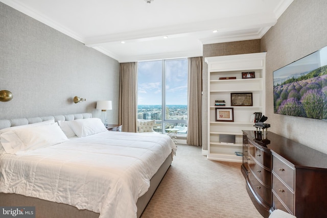 carpeted bedroom with ornamental molding