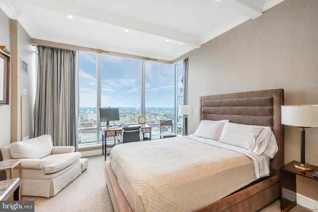 bedroom with expansive windows, ornamental molding, and beam ceiling