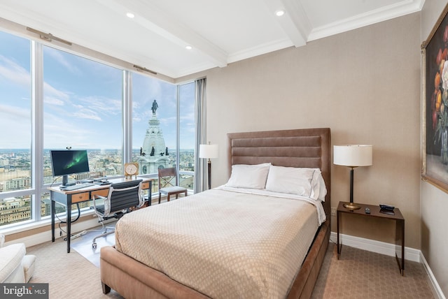 bedroom featuring light carpet, crown molding, and beam ceiling