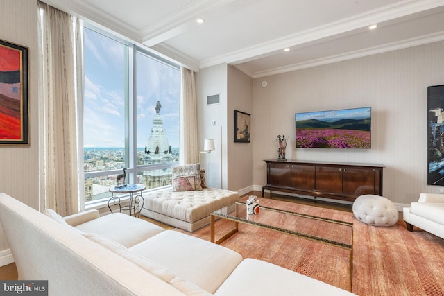 living room with ornamental molding, hardwood / wood-style floors, and beamed ceiling