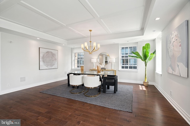 dining area with dark hardwood / wood-style flooring, coffered ceiling, and an inviting chandelier