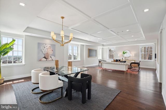 dining space featuring coffered ceiling, a notable chandelier, and dark hardwood / wood-style flooring