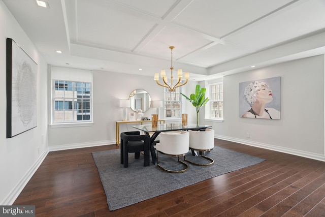 dining space with dark hardwood / wood-style flooring, an inviting chandelier, plenty of natural light, and coffered ceiling