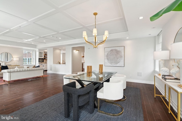 dining room with an inviting chandelier, coffered ceiling, and dark wood-type flooring